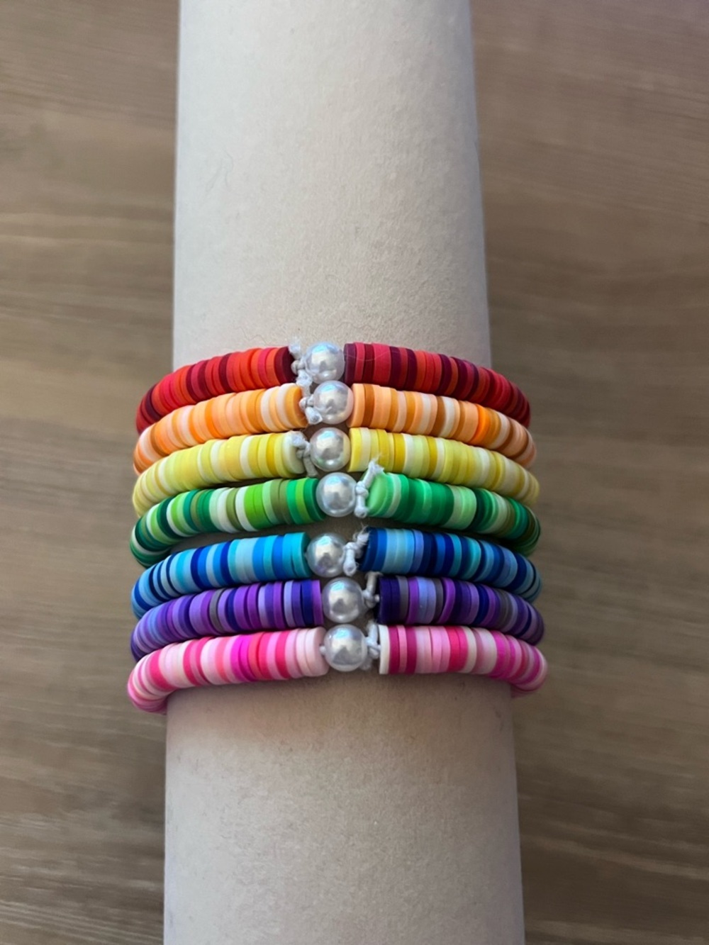 7 Piece Rainbow Bead Stretch Bracelet Set Colorful Stackable Elastic Bracelets - Picture 2 of 6